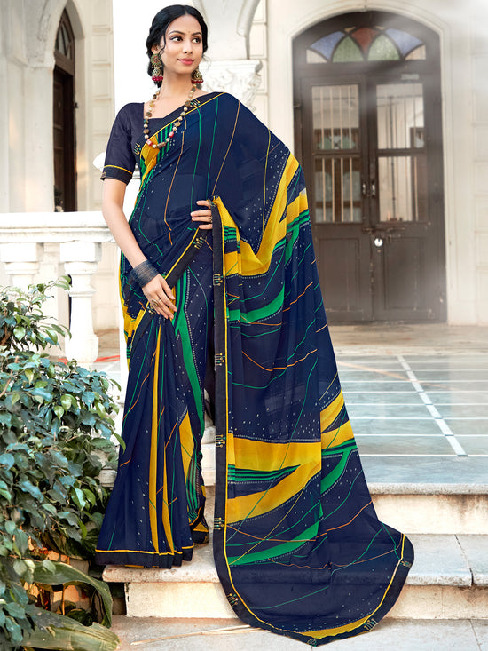 Saree Mall Women's Georgette Navy Blue Embellished Designer Saree With Blouse Piece-MUNIYA40187