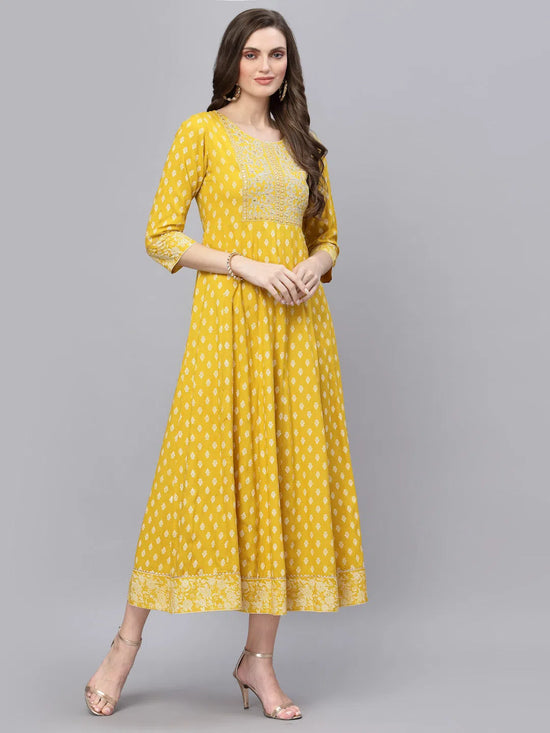 Women Mustard Embroidered Long Kurta