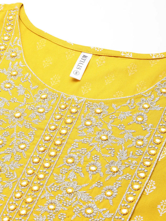 Women Mustard Embroidered Long Kurta