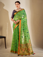 Saree Mall Women's Cotton Blend Light Green Woven Design Designer Saree With Blouse Piece-MYSHA82304