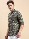 Men Mandarin Collar Printed Olive Straight Kurta-MaisiePrint-1025-Olive