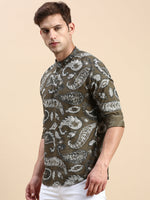 Men Mandarin Collar Printed Olive Straight Kurta-MaisiePrint-1025-Olive