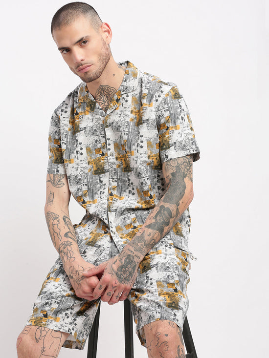 Men Tropical Cuban Collar Grey Co-Ords Set-Mardel-2383-Grey