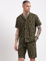 Men Floral Cuban Collar Olive Co-Ords Set-Mardel-2385-Olive