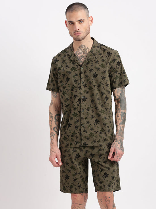 Men Floral Cuban Collar Olive Co-Ords Set-Mardel-2385-Olive