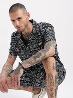 Men Geometric Print Cuban Collar Black Co-Ords Set-Mardel-2388-Black