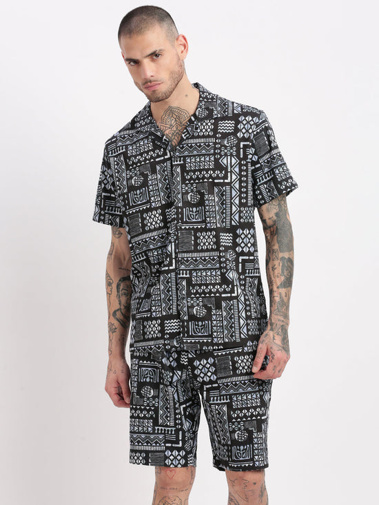 Men Geometric Print Cuban Collar Black Co-Ords Set-Mardel-2388-Black