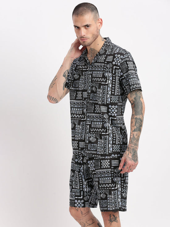 Men Geometric Print Cuban Collar Black Co-Ords Set-Mardel-2388-Black