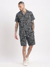 Men Geometric Print Cuban Collar Black Co-Ords Set-Mardel-2388-Black