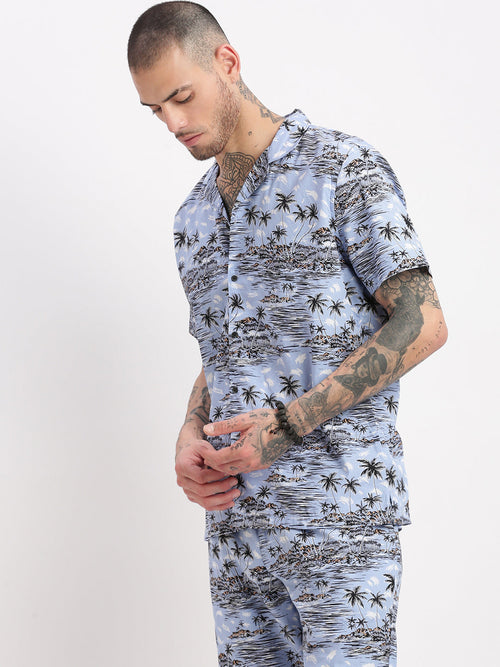 Men Tropical Cuban Collar Blue Co-Ords Set-Mardel-2391-Blue