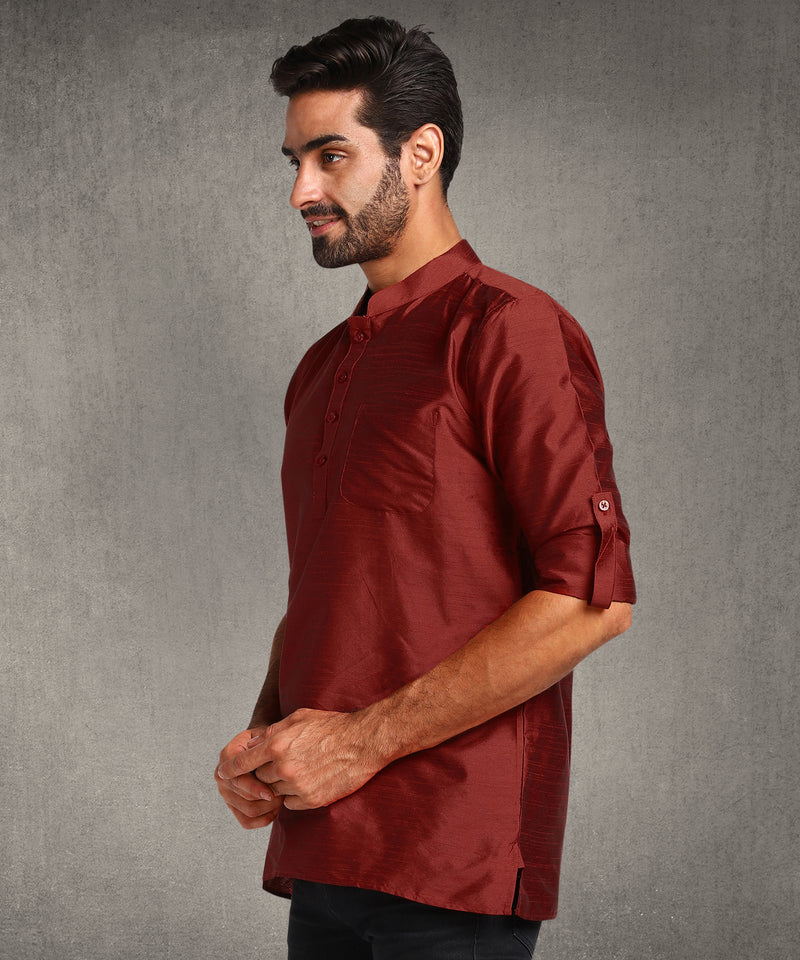 Hangup Men Standard Solid Men's Indian Wear-Maroon_Dupion_Short2Kurta