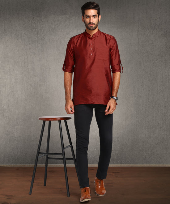 Hangup Men Standard Solid Men's Indian Wear-Maroon_Dupion_Short2Kurta