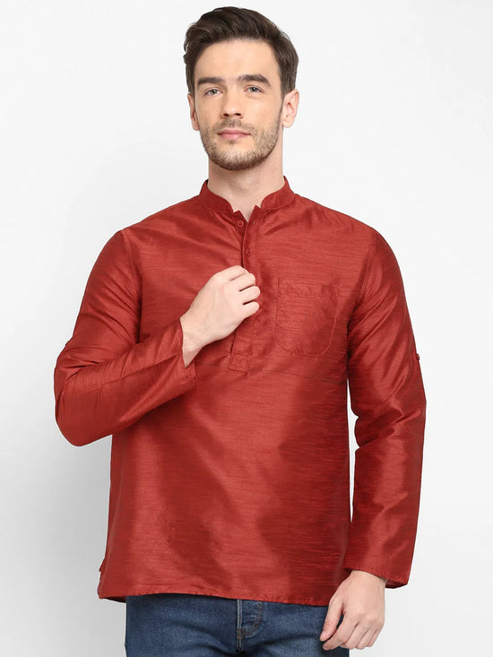 Hangup Men Standard Solid Men's Indian Wear-Maroon_Dupion_ShortKurta