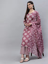 Women's Printed Cotton Straight Kurta Pant Dupatta Set-MauveChecksKPDSet-XS