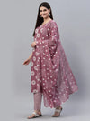 Women's Printed Cotton Straight Kurta Pant Dupatta Set-MauveChecksKPDSet-XS