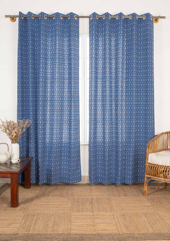 Meadows 100% cotton geometric curtain for bed room - Room darkening - Indigo - Single - Pack of 1-240421014