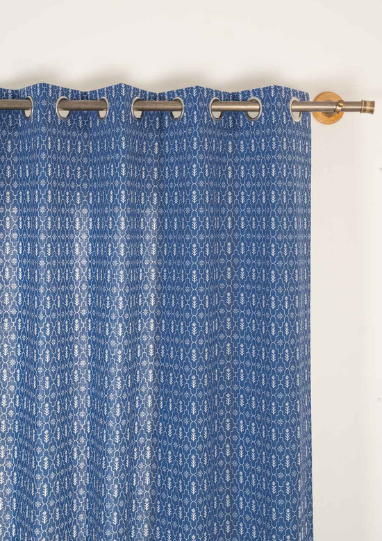 Meadows 100% cotton geometric curtain for bed room - Room darkening - Indigo - Single - Pack of 1-2404210014