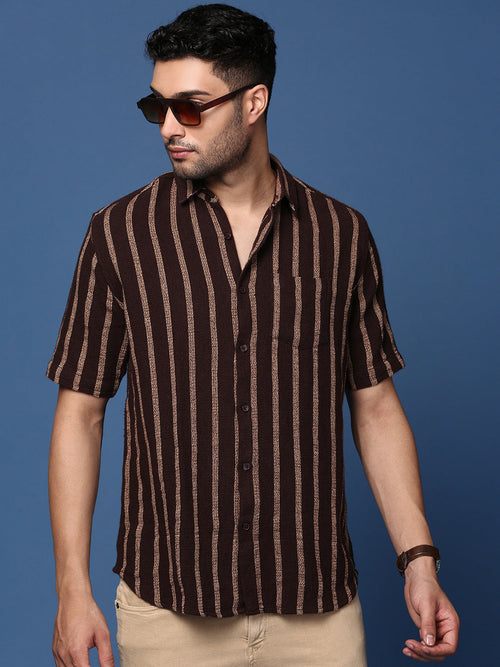 Men Striped Brown Slim Fit Shirt-Milo-2933-Brown