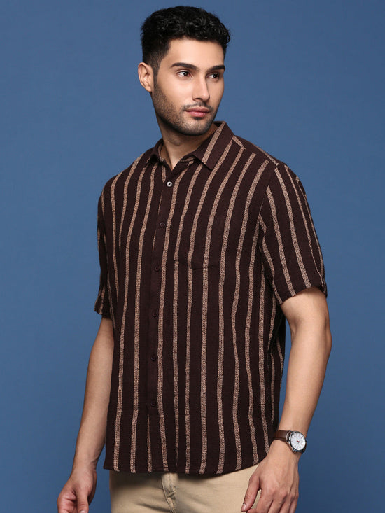 Men Striped Brown Slim Fit Shirt-Milo-2933-Brown