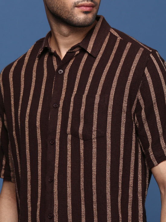 Men Striped Brown Slim Fit Shirt-Milo-2933-Brown