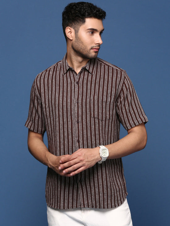 Men Striped Brown Slim Fit Shirt-Milo-2936-Brown