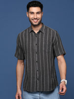 Men Striped Charcoal Slim Fit Shirt-Milo-2945-Charcoal