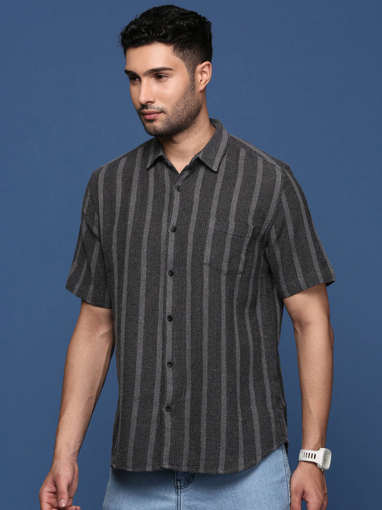 Men Striped Charcoal Slim Fit Shirt-Milo-2945-Charcoal