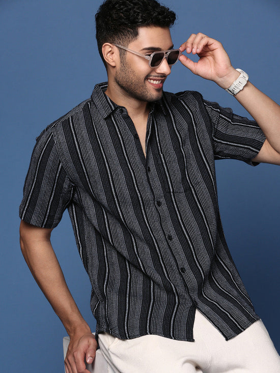 Men Striped Black Slim Fit Shirt-Milo-2949-Black