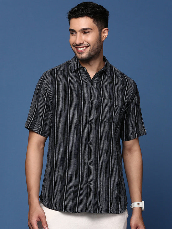 Men Striped Black Slim Fit Shirt-Milo-2949-Black