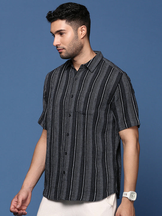 Men Striped Black Slim Fit Shirt-Milo-2949-Black