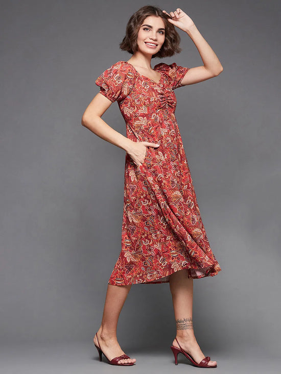 Part Of Your Story Ruching Printed Dress Multicolored-Base-Maroon