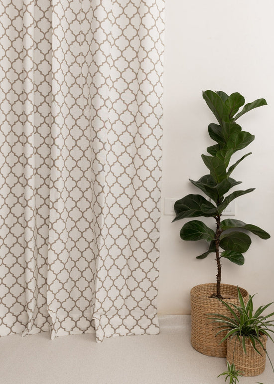 Trellis Printed 100% cotton geometric curtain for bed room - Room darkening - Walnut Grey - Pack of 1-230421099