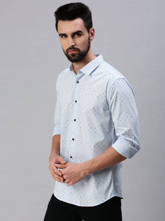 Men Spread Collar Printed Blue Shirt-Mystivetwill-976-Blue