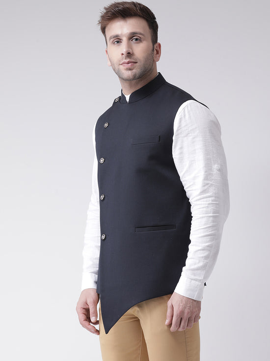 Hangup Men Standard Solid Men's Indian Wear-N10_5BtnNavyNehru