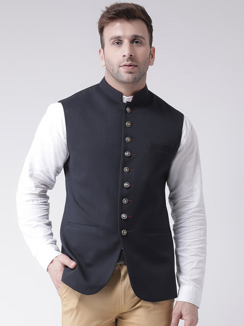 Hangup Men Standard Solid Men's Indian Wear-N3_9BtnNavyNehru