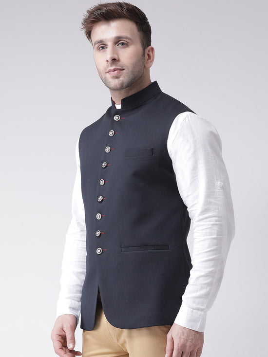 Hangup Men Standard Solid Men's Indian Wear-N3_9BtnNavyNehru