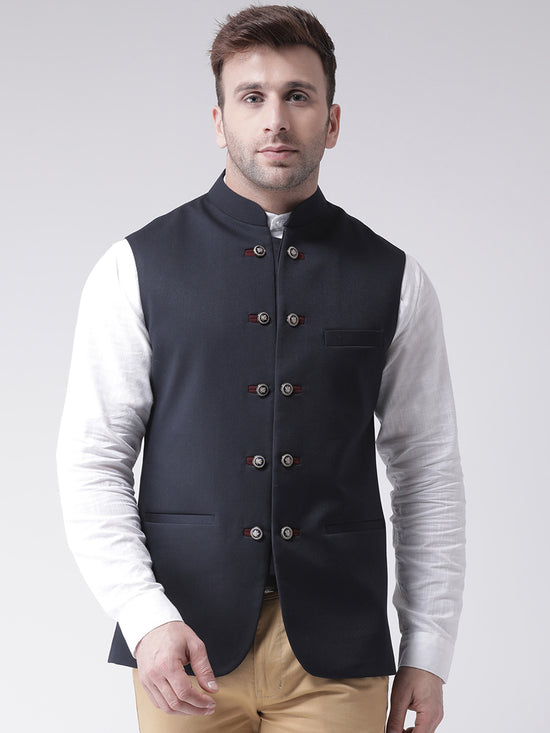 Hangup Men Standard Solid Men's Indian Wear-N4_10BtnNavyNehru