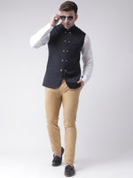 Hangup Men Standard Solid Men's Indian Wear-N4_10BtnNavyNehru