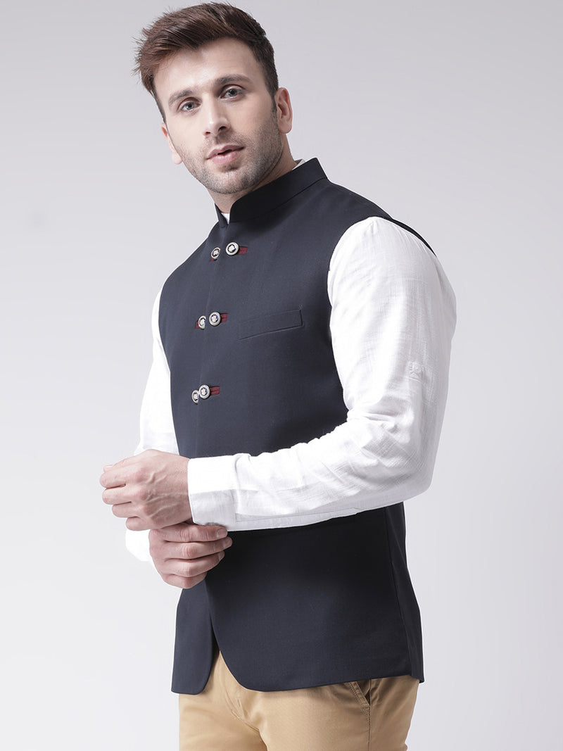 Hangup Men Standard Solid Men's Indian Wear-N4_10BtnNavyNehru