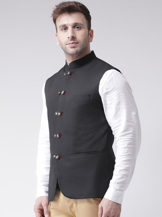 Hangup Men Standard Solid Men's Indian Wear-N6_10BtnBlackNehru