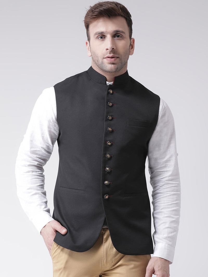 Hangup Men Standard Solid Men's Indian Wear-N7_9BtnBlackNehru