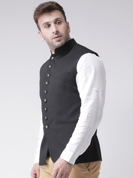 Hangup Men Standard Solid Men's Indian Wear-N7_9BtnBlackNehru