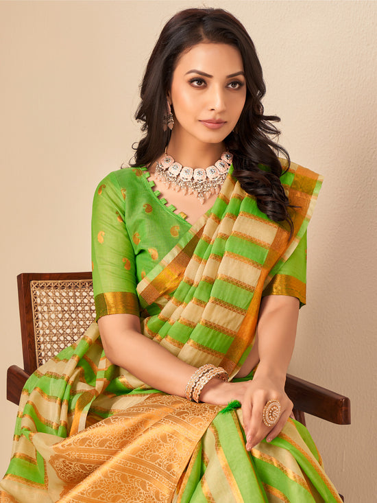 Saree Mall Women's Cotton Blend Green Woven Design Designer Saree With Blouse Piece-NAMYA78305