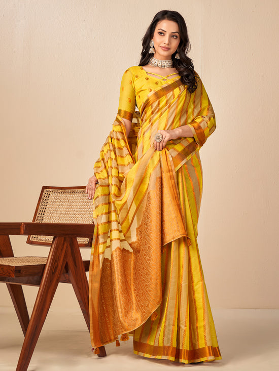 Saree Mall Women's Cotton Blend Yellow Woven Design Designer Saree With Blouse Piece-NAMYA78306