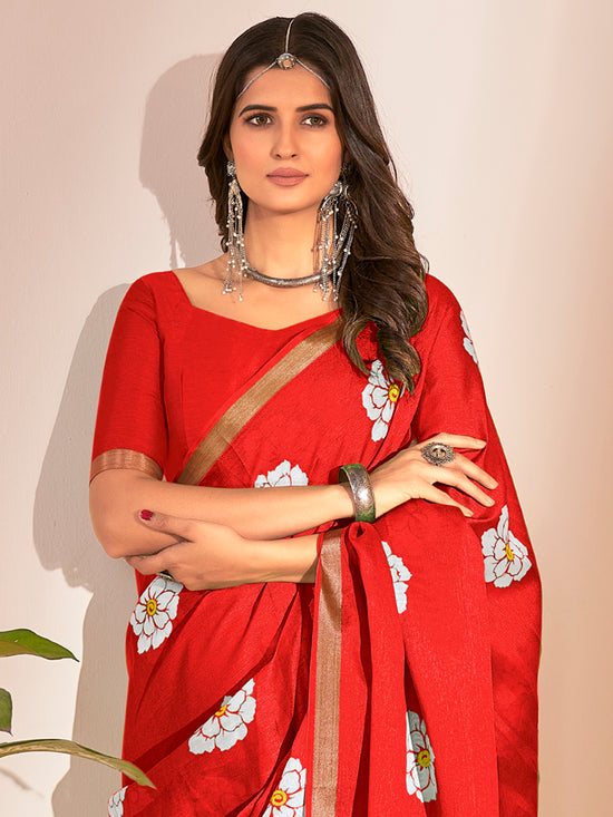 Saree Mall Women's Cotton Slub Red Printed Designer Saree With Blouse Piece-NAVYA111