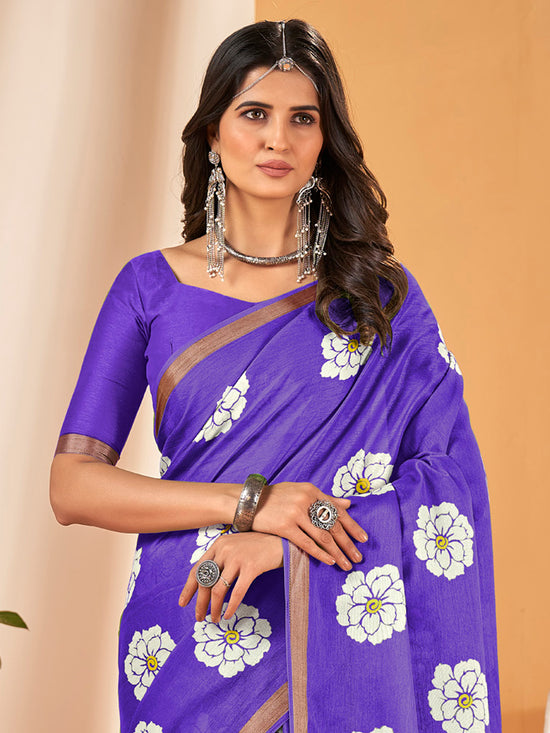 Saree Mall Women's Cotton Slub Purple Printed Designer Saree With Blouse Piece-NAVYA113