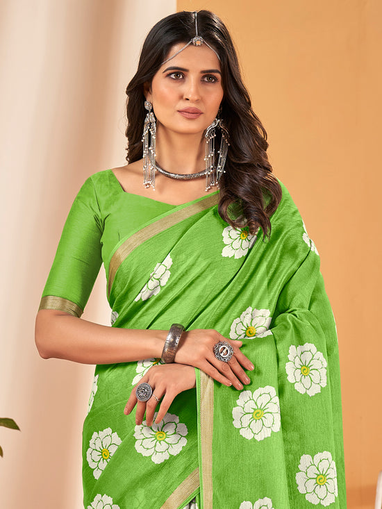 Saree Mall Women's Cotton Slub Green Printed Designer Saree With Blouse Piece-NAVYA114