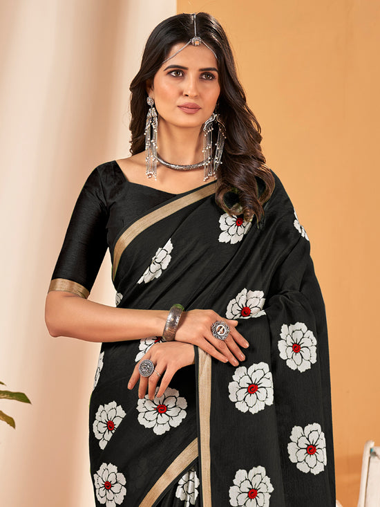 Saree Mall Women's Cotton Slub Black Printed Designer Saree With Blouse Piece-NAVYA115