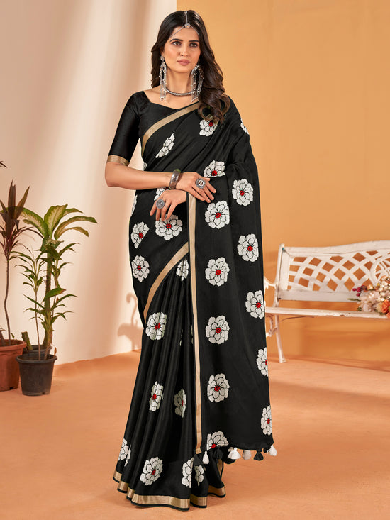 Saree Mall Women's Cotton Slub Black Printed Designer Saree With Blouse Piece-NAVYA115