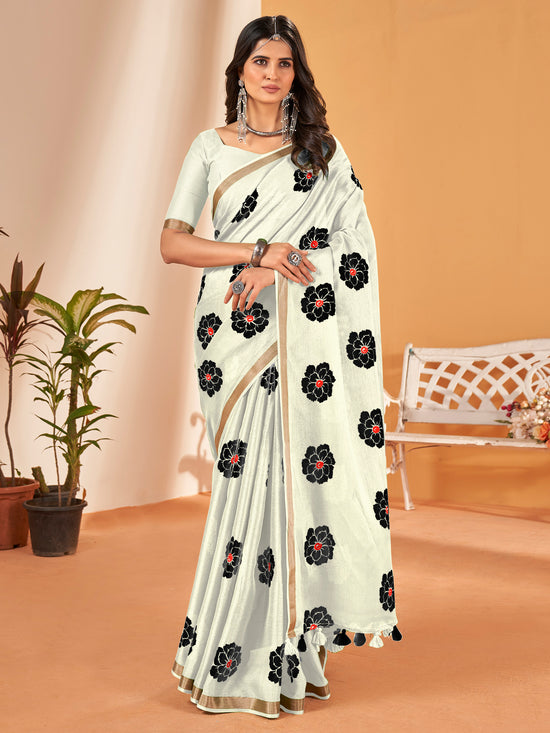 Saree Mall Women's Cotton Slub Off White Printed Designer Saree With Blouse Piece-NAVYA116